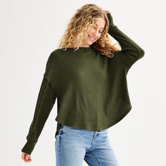 Juniors' SO Top Size S Green Olive Oversized Cozy Swing Waffle NWT Long Sleeve - Picture 1 of 5